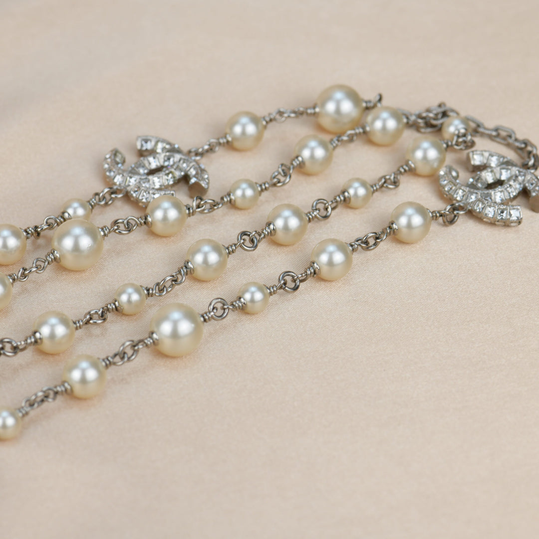 Chanel Classic 3 Gold CC Crystal Long Pearl Necklace at 1stDibs