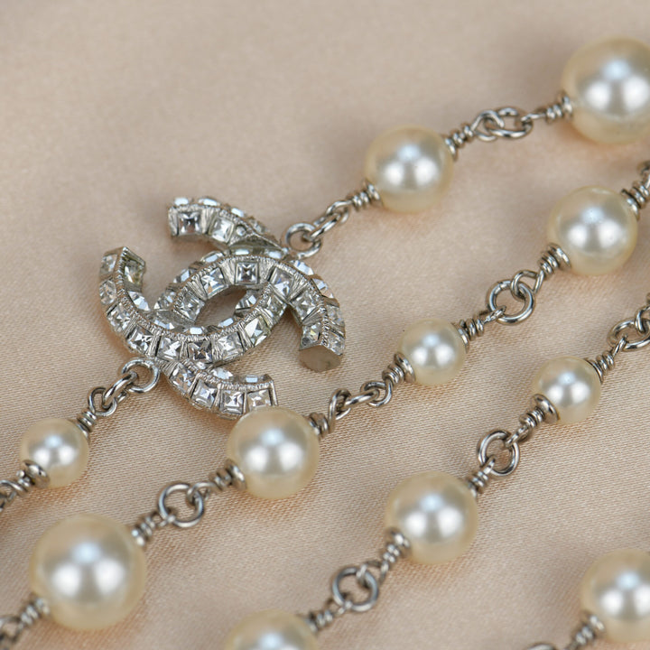 Chanel CC White Pearl and Crystal Long Necklace