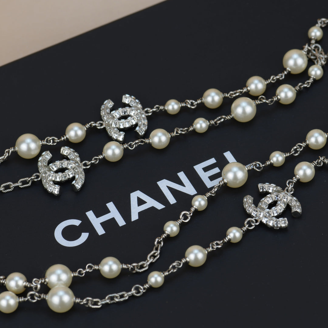 Chanel Black-gray CC Logo Faux Pearl and Crystal Long Necklace