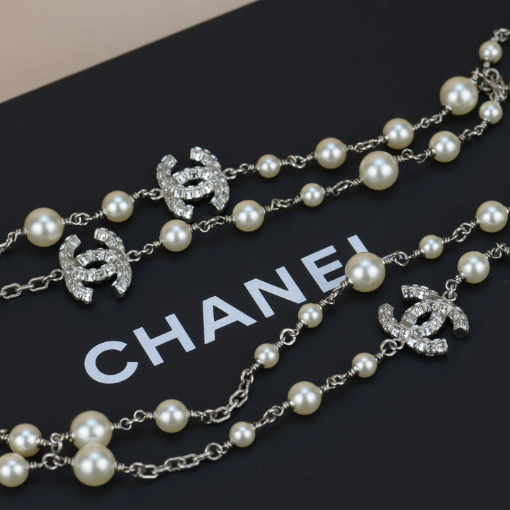 Chanel CC White Pearl and Crystal Long Necklace