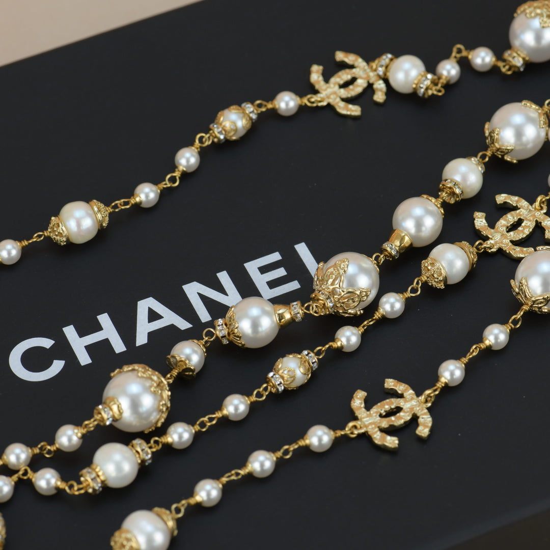 Chanel CC White Pearl Long Necklace