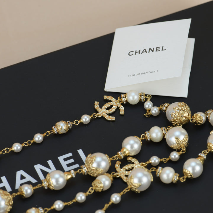 Chanel CC White Pearl Long Necklace