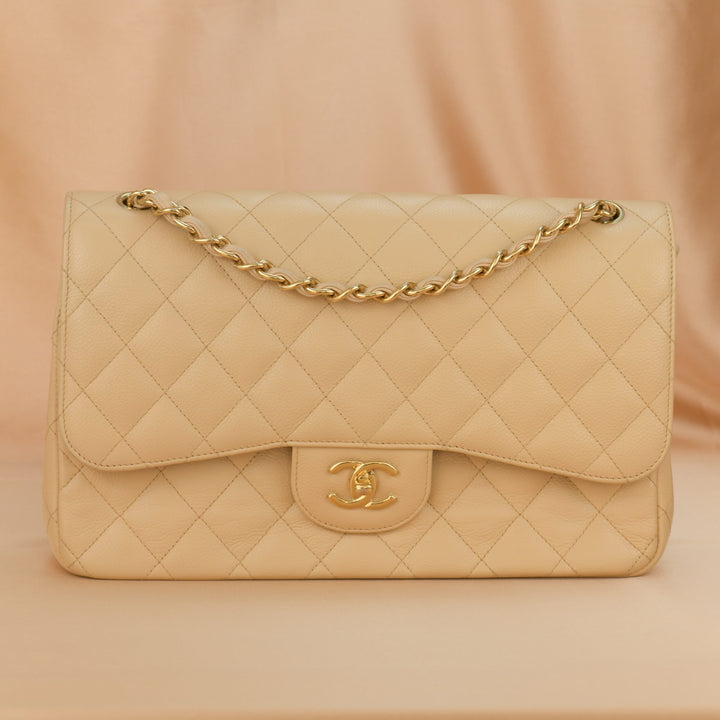 Chanel Beige Calfskin Leather Jumbo Classic Double Flap Bag