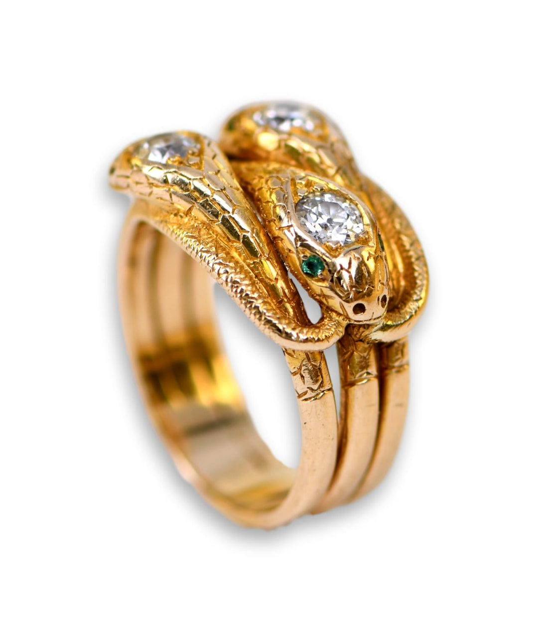 Emerald and diamond three snake ring