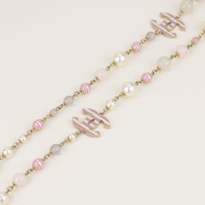 CHANEL Enamel Striped Pearl CC Pink Long Necklace