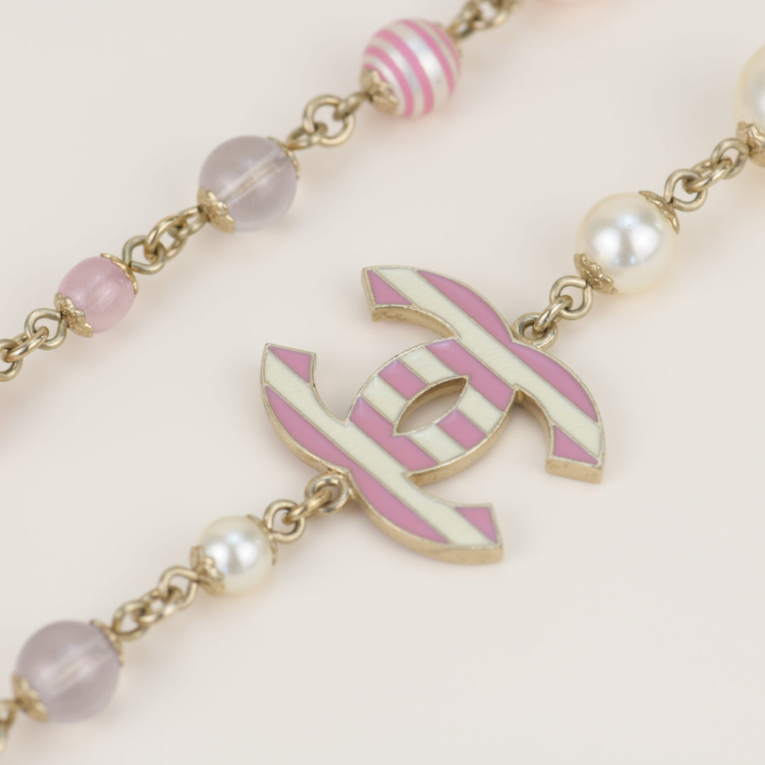 CHANEL Enamel Striped Pearl CC Pink Long Necklace