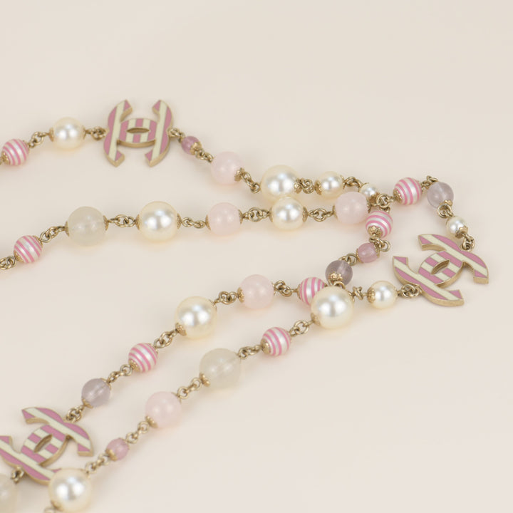 CHANEL Enamel Striped Pearl CC Pink Long Necklace