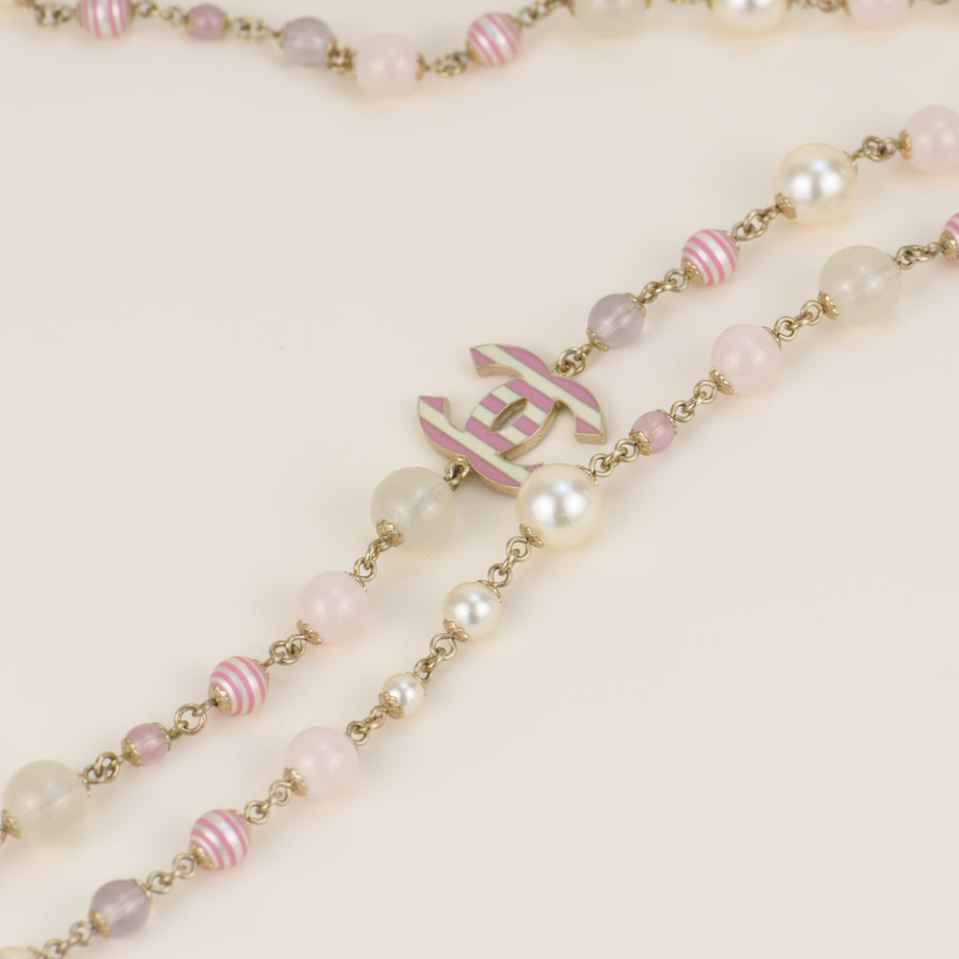 CHANEL Enamel Striped Pearl CC Pink Long Necklace