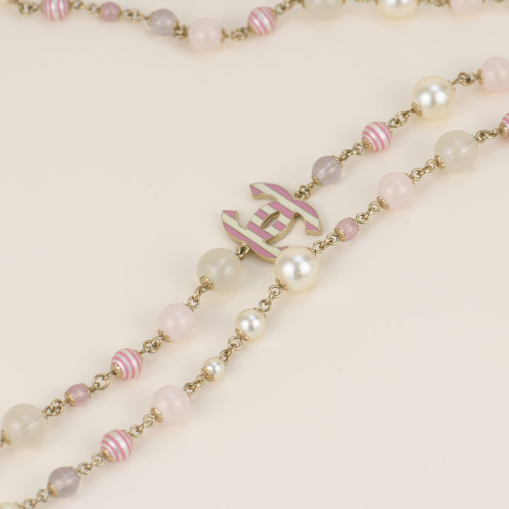 CHANEL Enamel Striped Pearl CC Pink Long Necklace