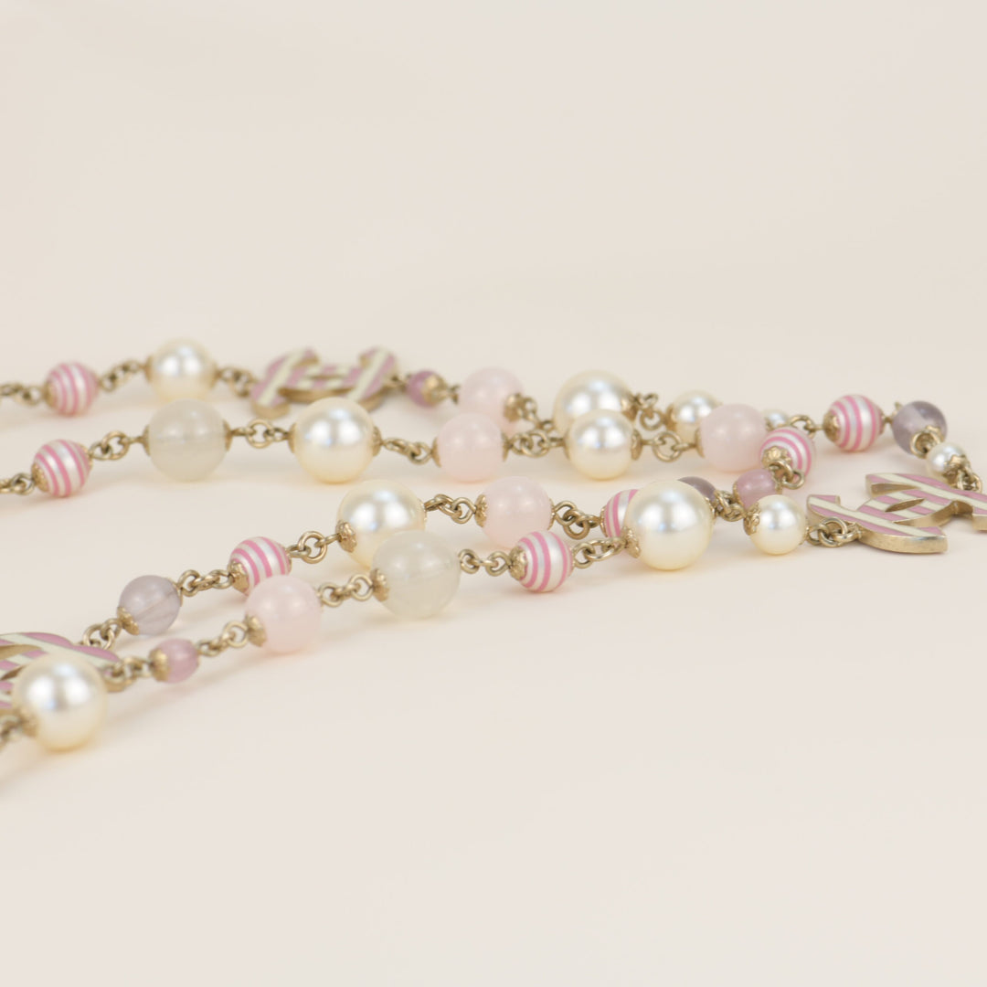 CHANEL Enamel Striped Pearl CC Pink Long Necklace