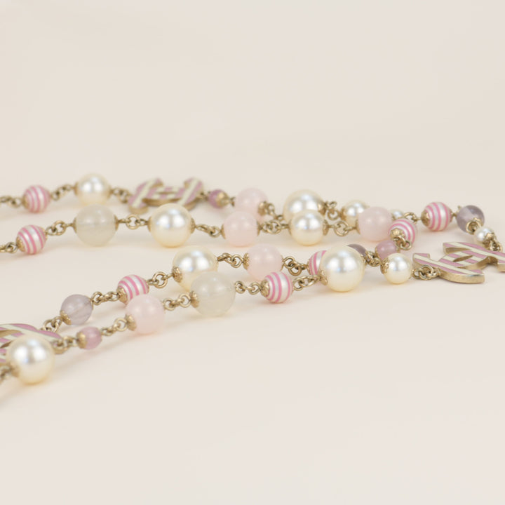 CHANEL Enamel Striped Pearl CC Pink Long Necklace