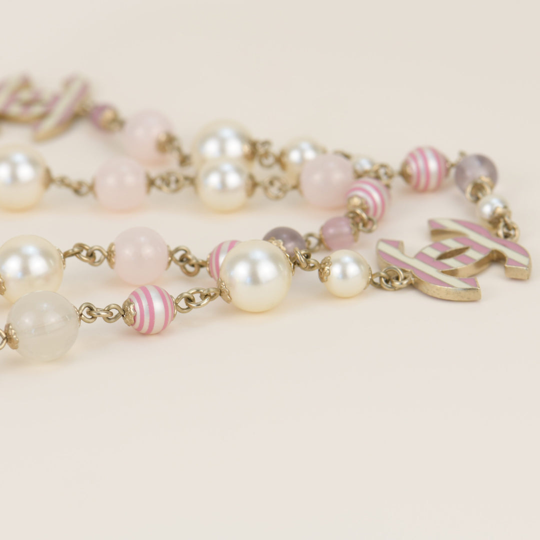 CHANEL Enamel Striped Pearl CC Pink Long Necklace