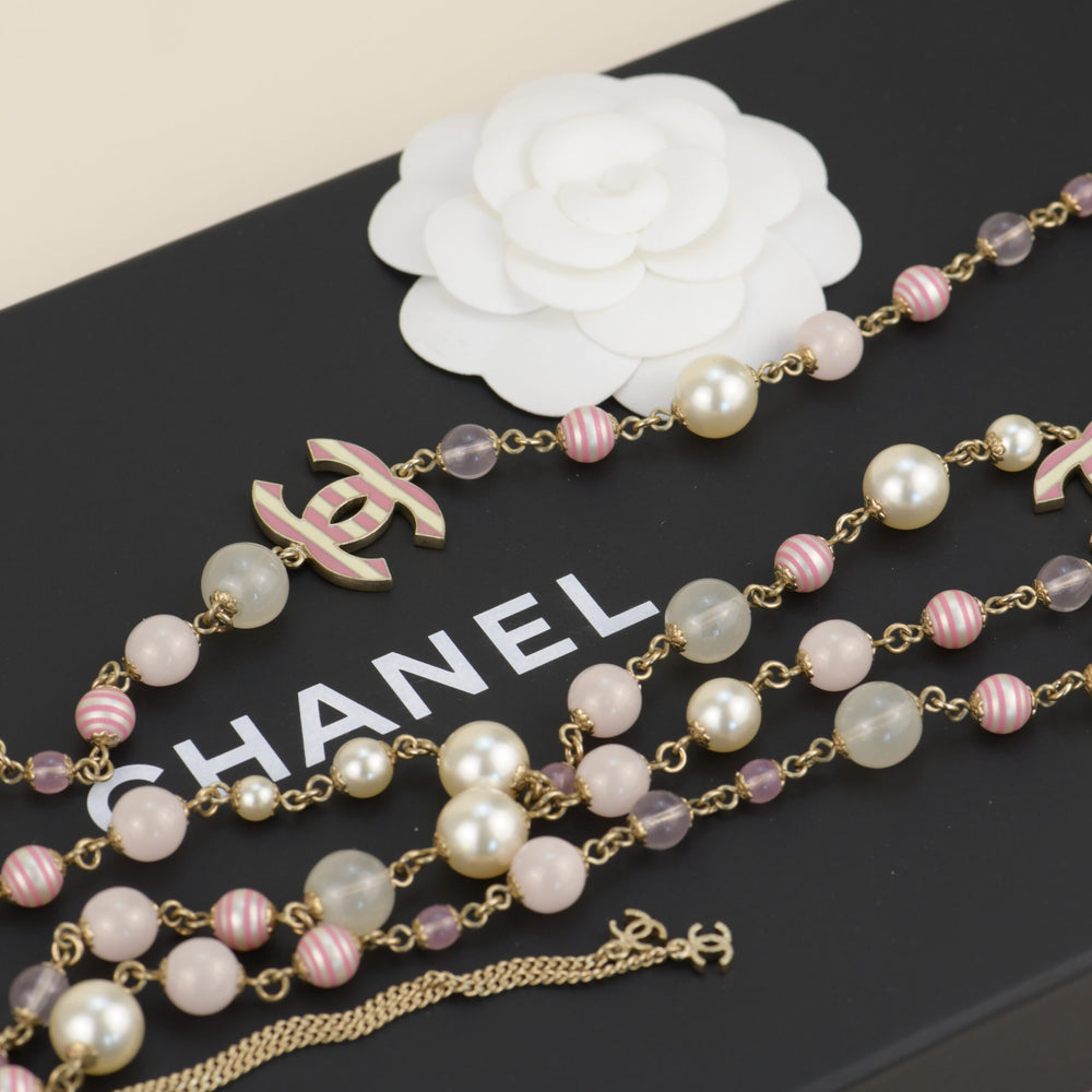 CHANEL Enamel Striped Pearl CC Pink Long Necklace