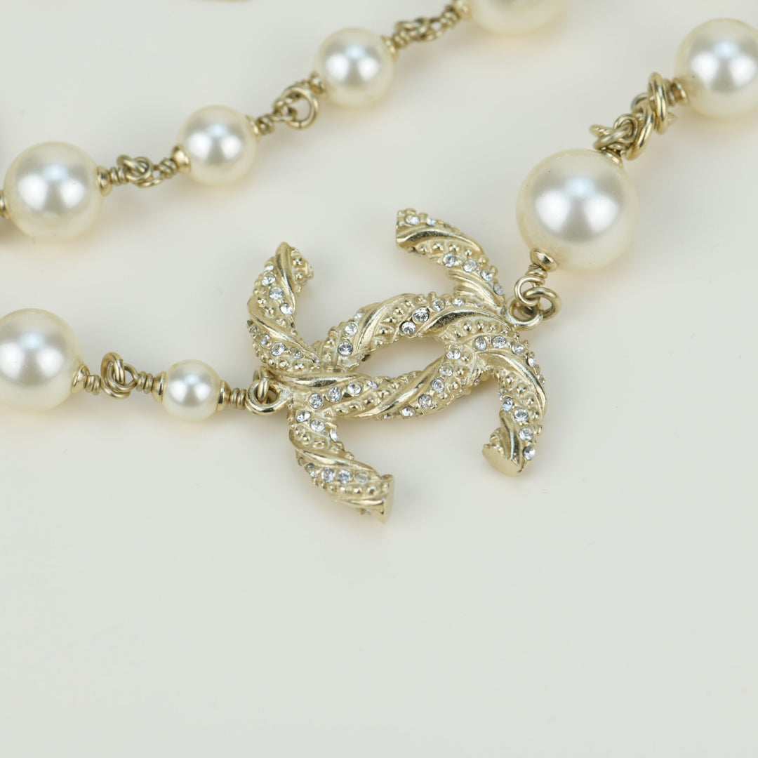 Chanel CC Logo White Pearl Long Necklace