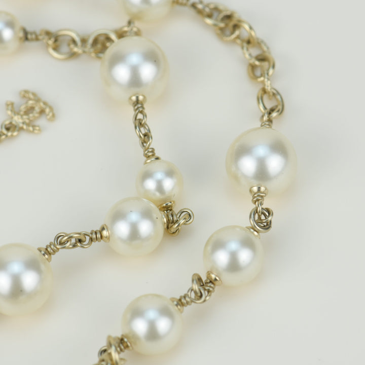 Chanel CC Logo White Pearl Long Necklace