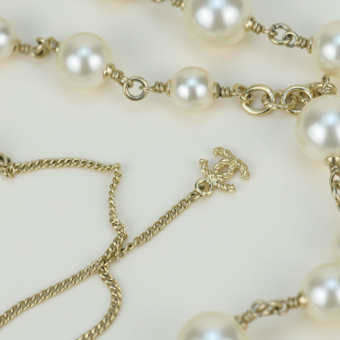 Chanel CC Logo White Pearl Long Necklace