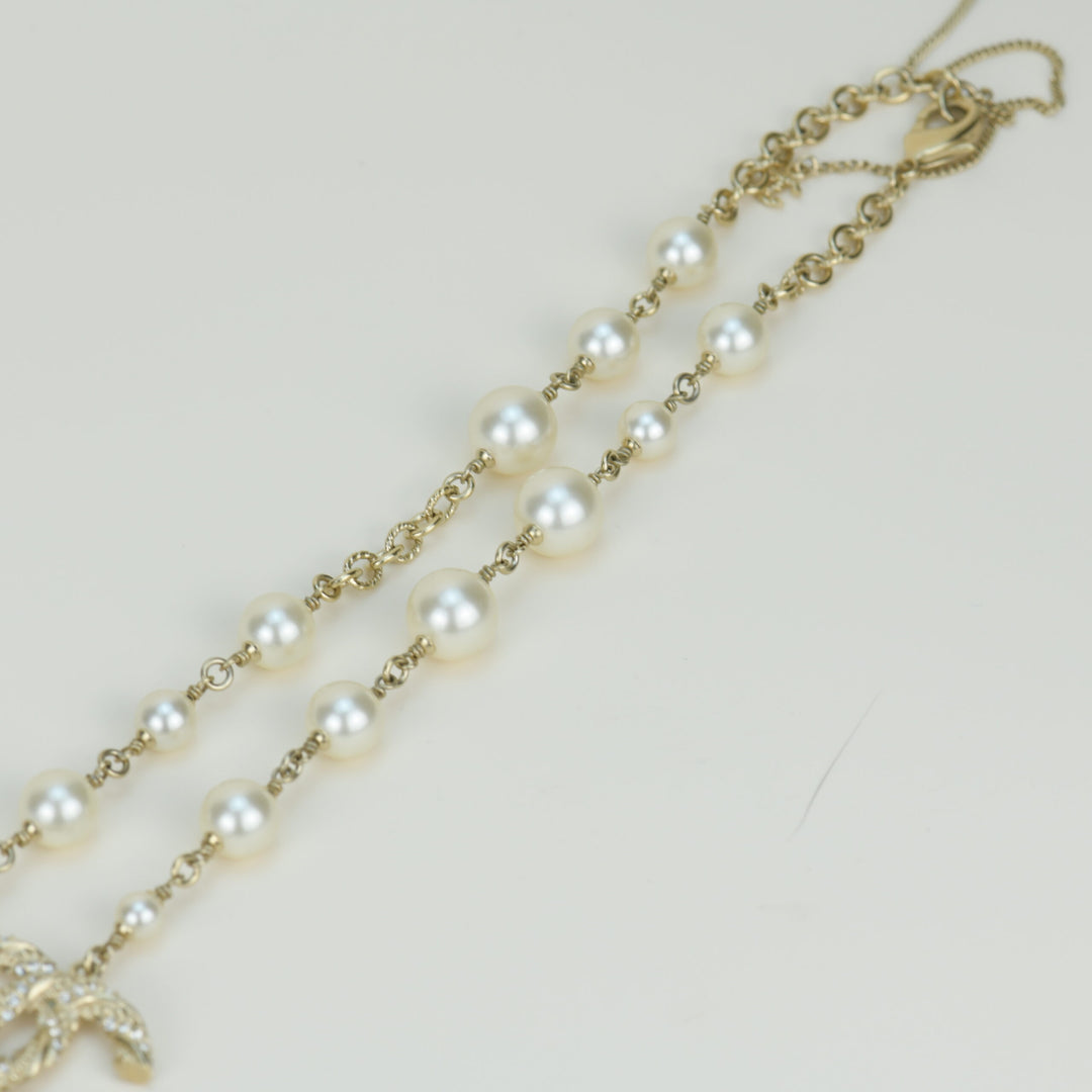 Chanel CC Logo White Pearl Long Necklace