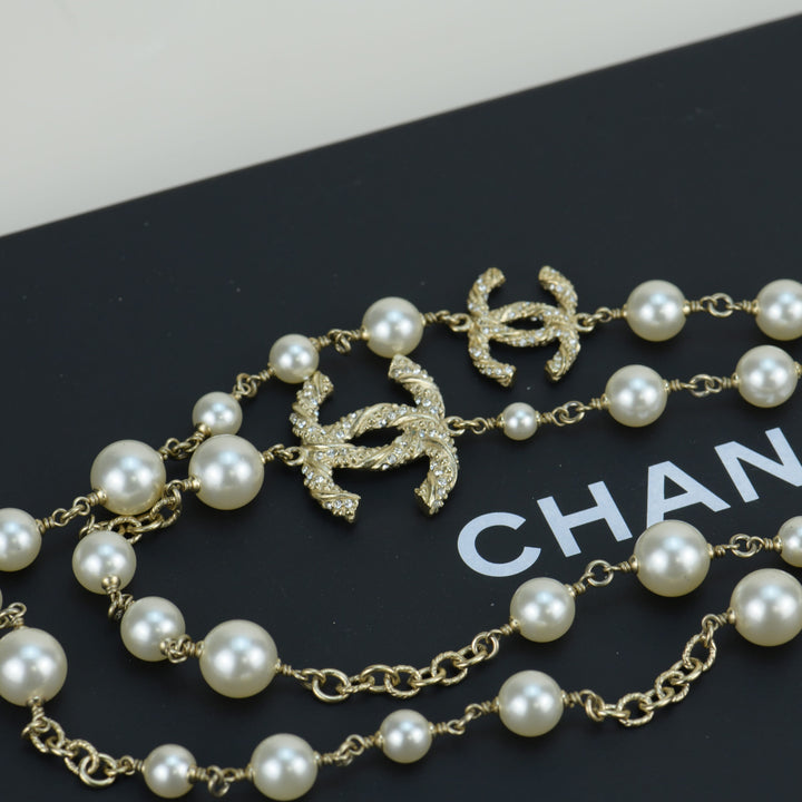 Chanel CC Logo White Pearl Long Necklace with box