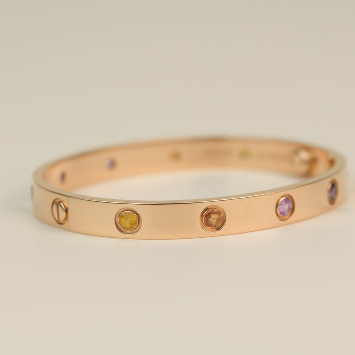 Cartier Love Bracelet Multi Gem Rainbow Rose Gold Size 16