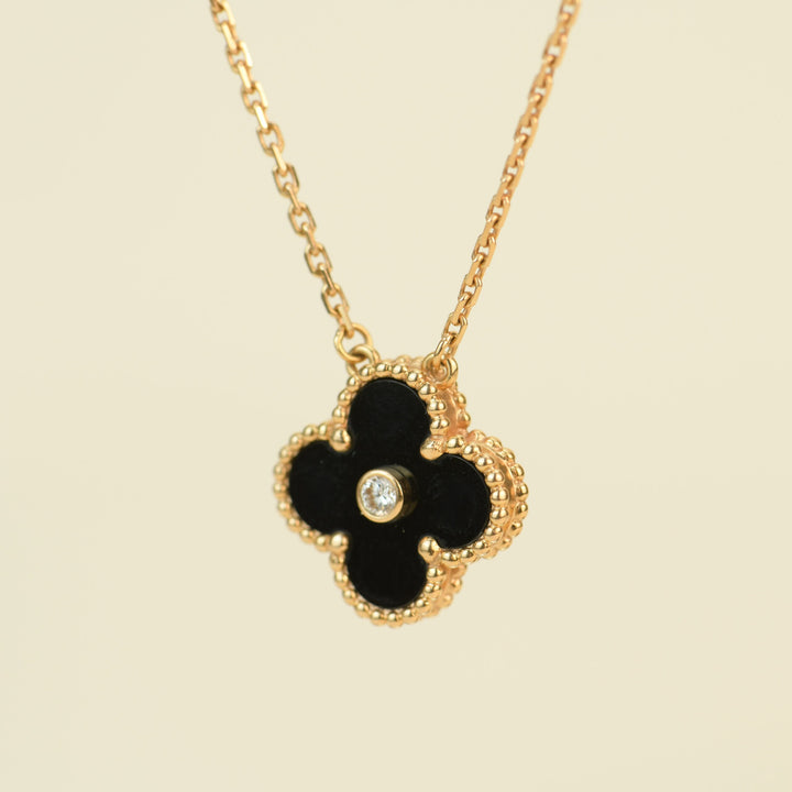 Van Cleef Alhambra 2016 Holiday Diamond Onyx Pendant Necklace