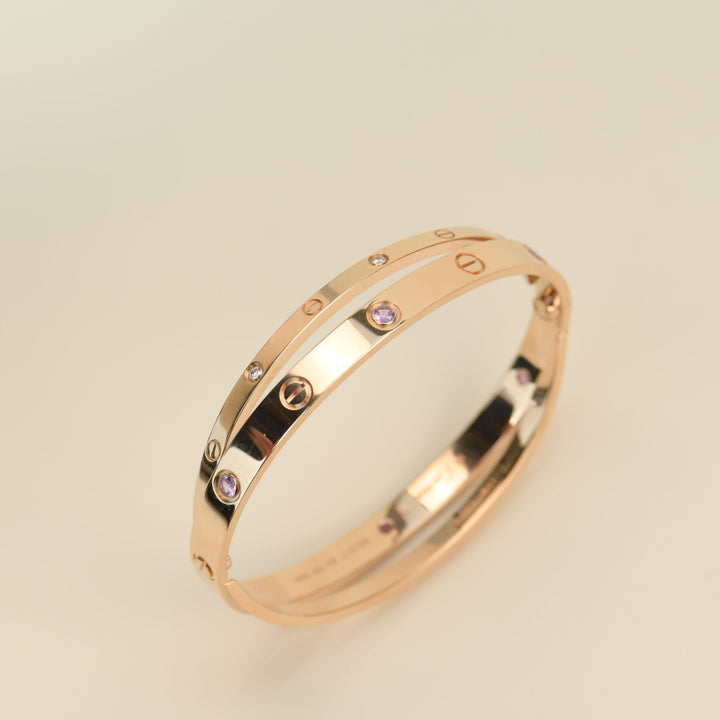 Cartier Love Bracelet Set in Rose Gold Diamond Pink Sapphire