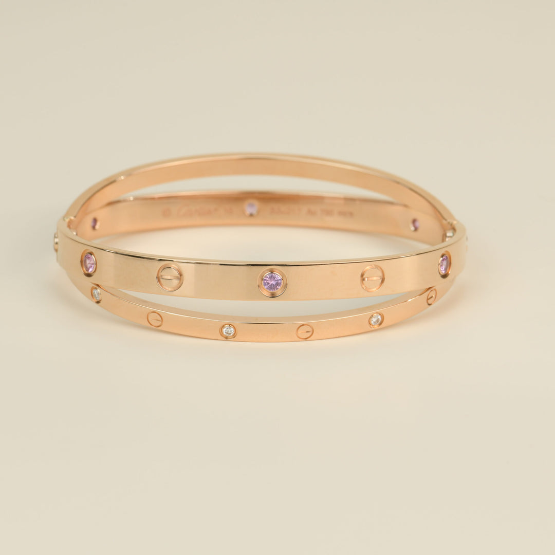 Cartier Love Bracelet Set in Rose Gold Diamond Pink Sapphire