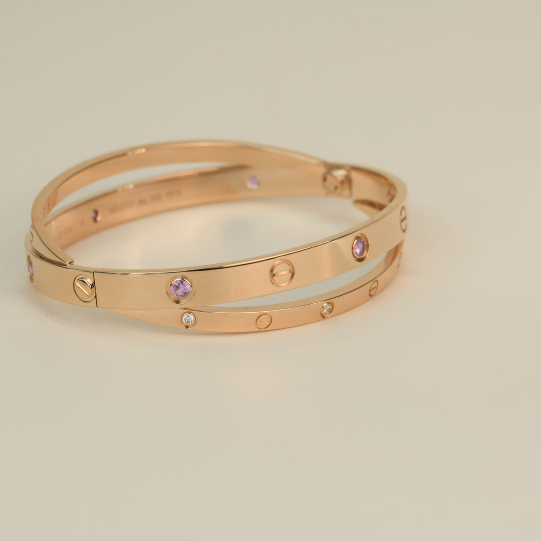 Cartier Love Bracelet Set in Rose Gold Diamond Pink Sapphire