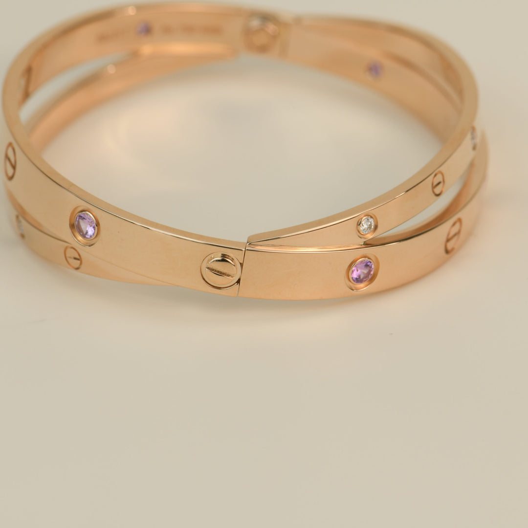 Cartier Love Bracelet Set in Rose Gold Diamond Pink Sapphire