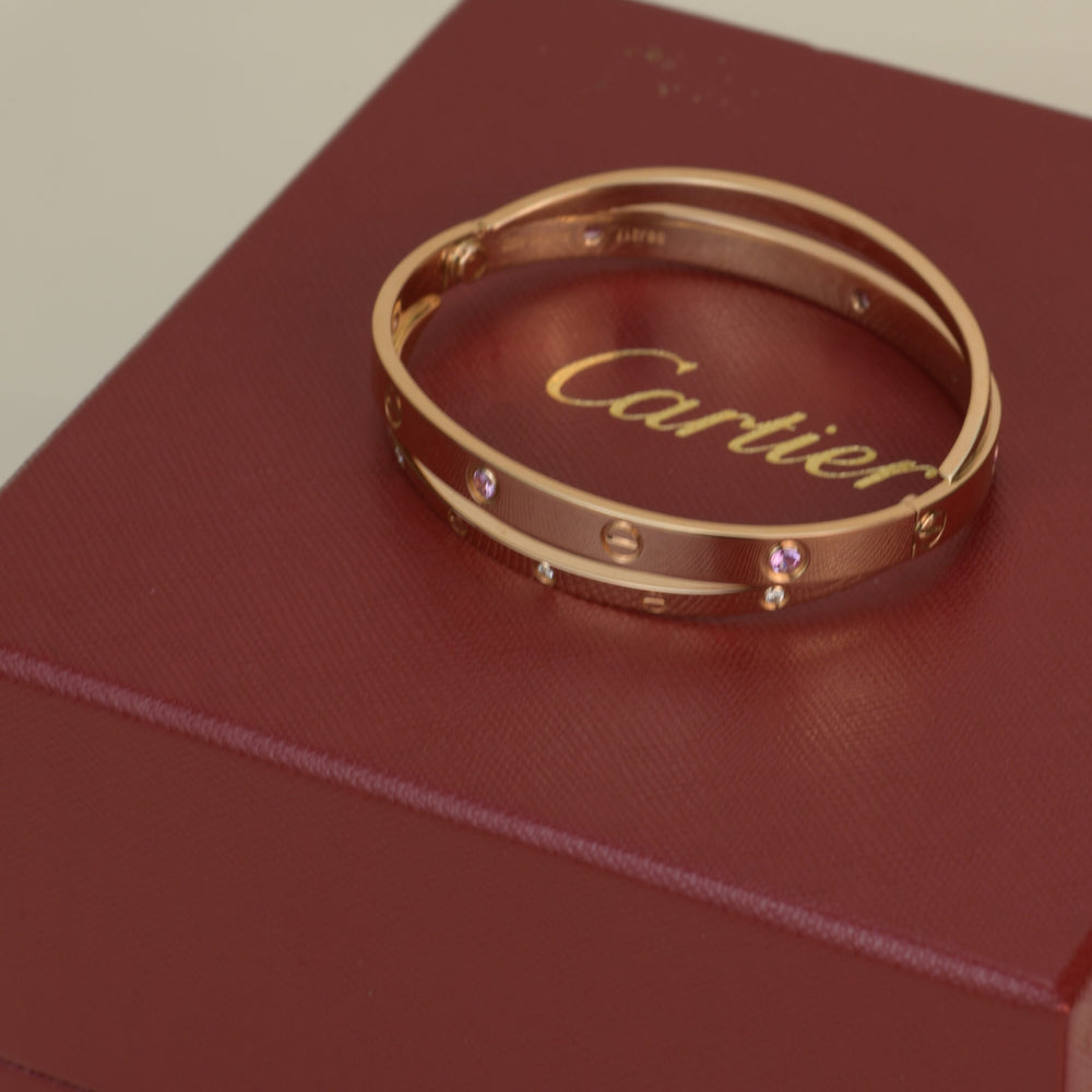 Cartier Love Bracelet Set in Rose Gold Diamond Pink Sapphire