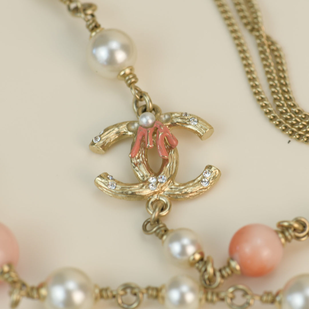 Chanel Pearl Pink Long CC Logo Necklace