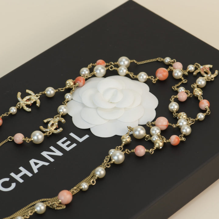 Chanel Pearl Pink Long CC Logo Necklace