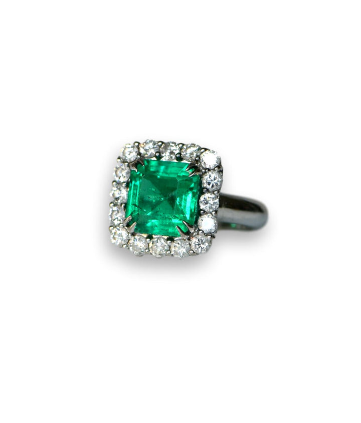 Colombian Minor Oil Emerald Diamond Platinum Cluster Ring - SOLD