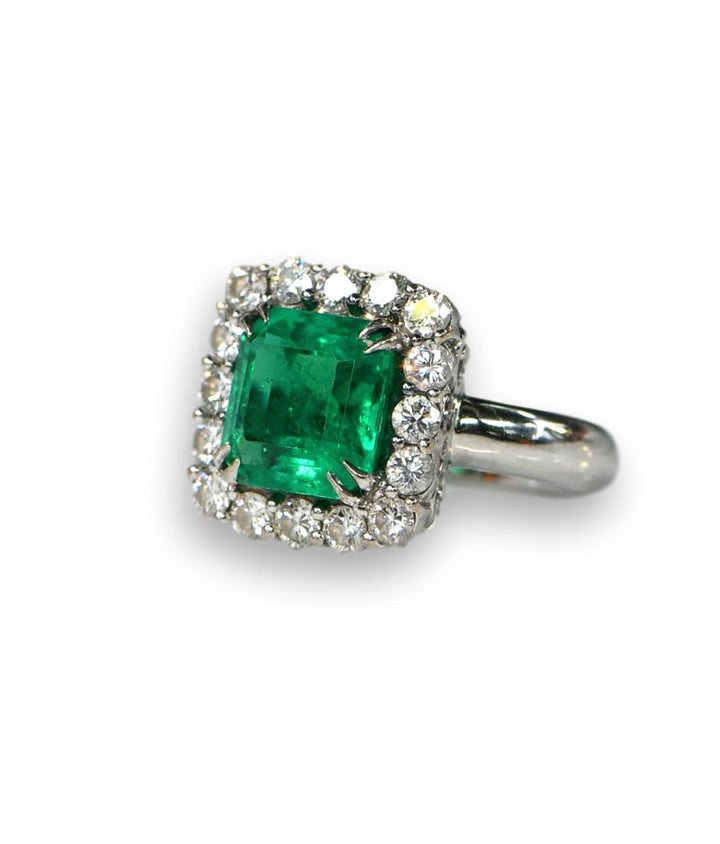 Colombian Minor Oil Emerald Diamond Platinum Cluster Ring - SOLD