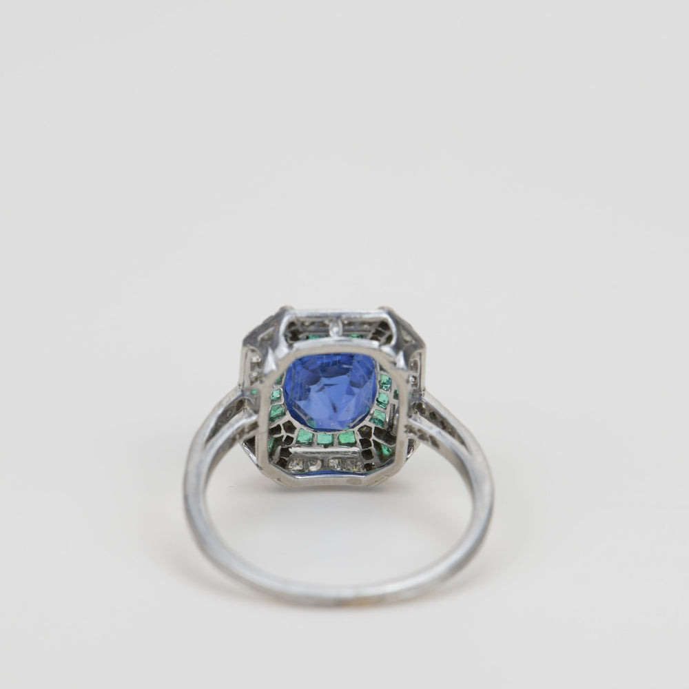 Edwardian Platinum Sapphire Emerald Diamond Ring backside photo