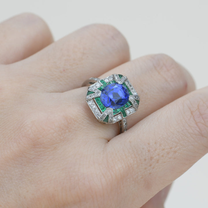 Edwardian Platinum Sapphire Emerald Diamond Ring on finger