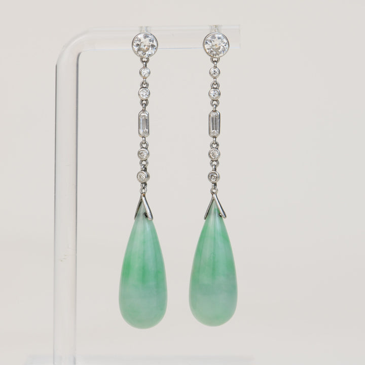 Art Deco Natural Jade Jadeite Diamond Platinum Drop Earrings