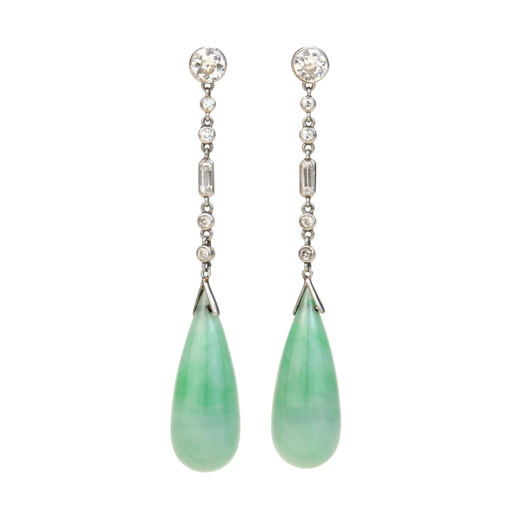 Art Deco Natural Jade Jadeite Diamond Platinum Drop Earrings FOR SALE