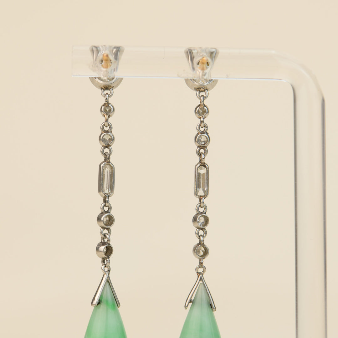 Art Deco Natural Jade Jadeite Diamond Platinum Drop Earrings backside photo