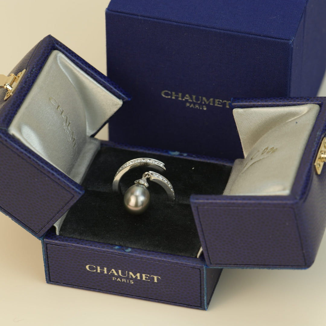 Chaumet 18K White Gold Black Pearl Diamond Ring with box