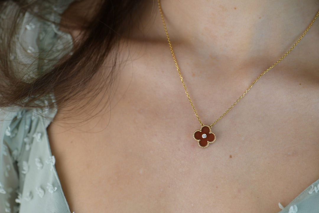 Van Cleef & Arpels Diamond Carnelian Limited Edition Alhambra Pendant Necklace wear on necklace