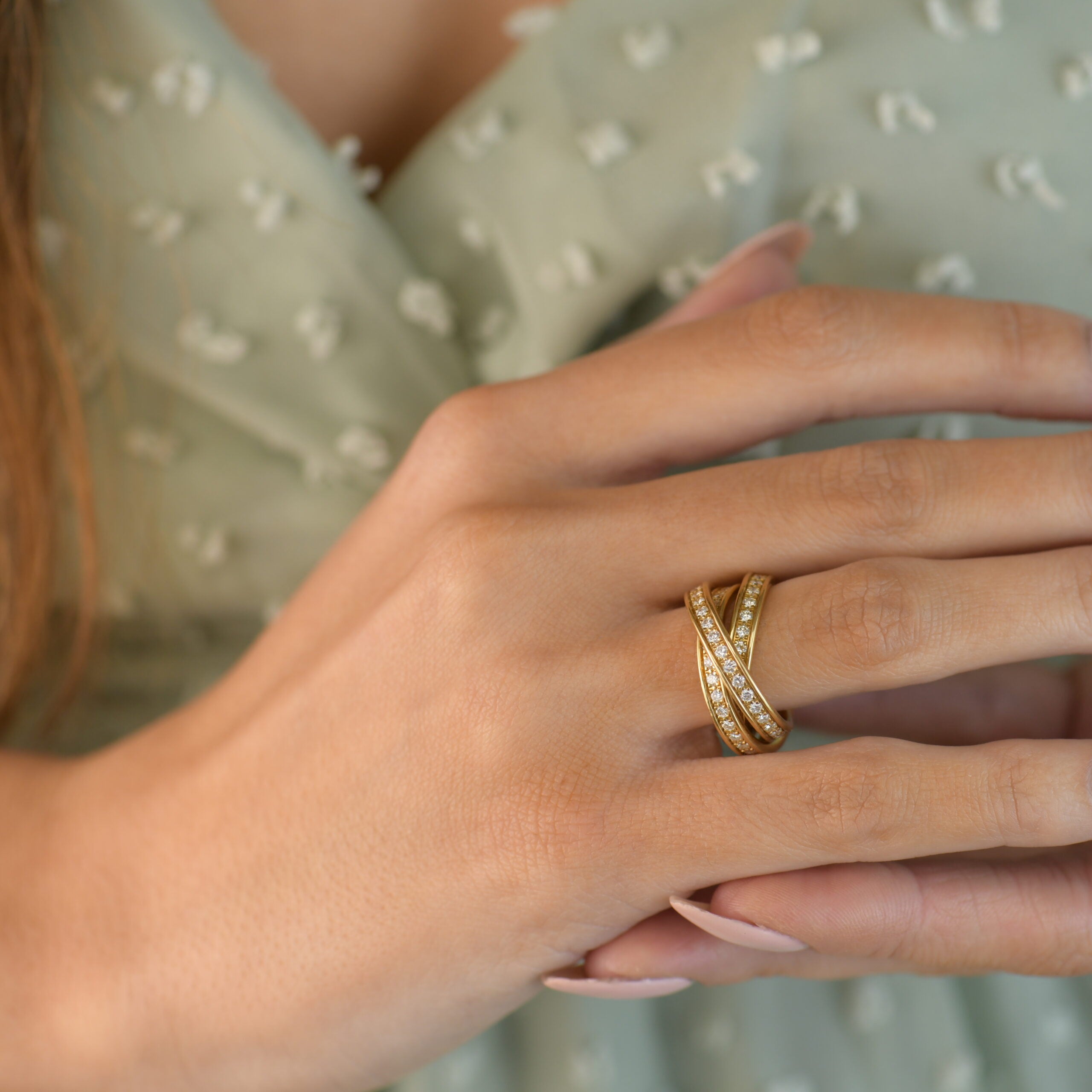 Cartier Trinity Yellow Gold Diamond Pave Band Ring Dandelion