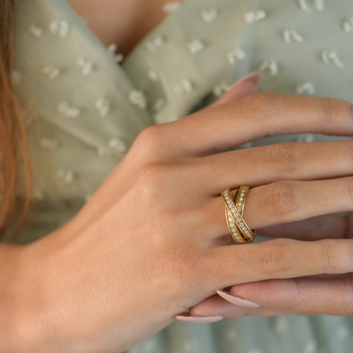 Cartier Trinity Yellow Gold Diamond Pave Band Ring modelling photo