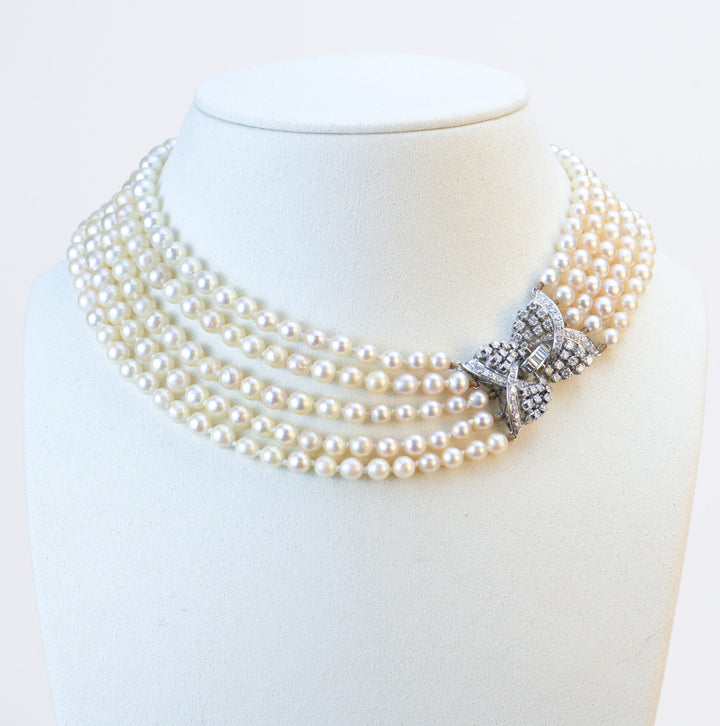 Cultured Pearls Diamond 18K White Gold Multi-String Necklace