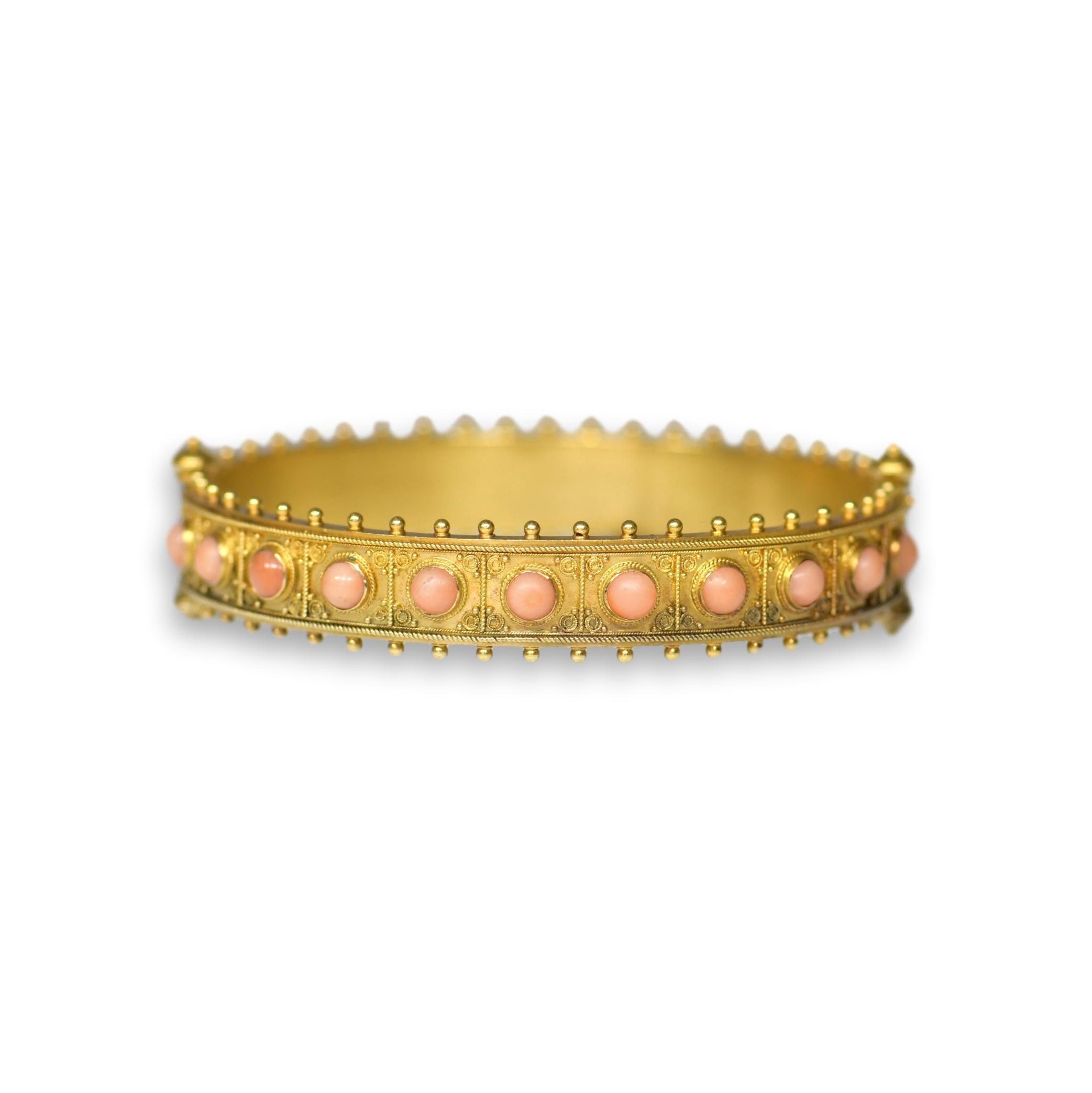 Etruscan Revival Gold and Coral Hinged Bangle – Dandelion Antiques