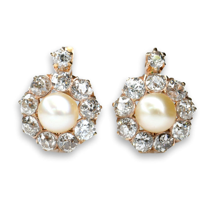 Victorian Antique Natural Pearl Diamond Cluster Gold Earring