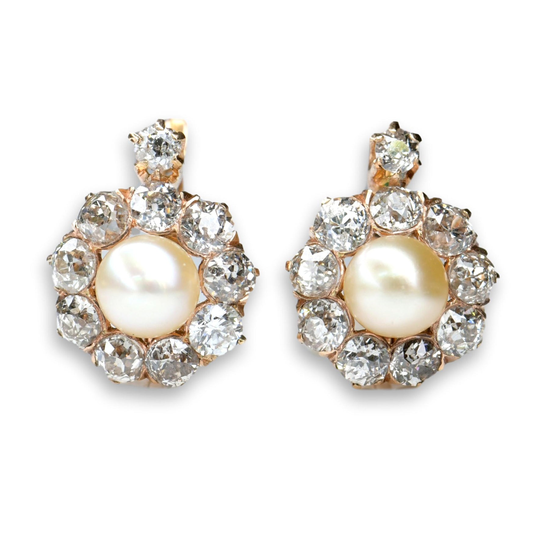 Sold at Auction: ANTIQUE NATURAL PEARL AND DIAMOND EARRINGS each comprising  of a row of round cut diamonds totalling approximately 1.60 carats and  suspending natural saltwater pearls of 13.9 and 13.8mm, 4.3cm.