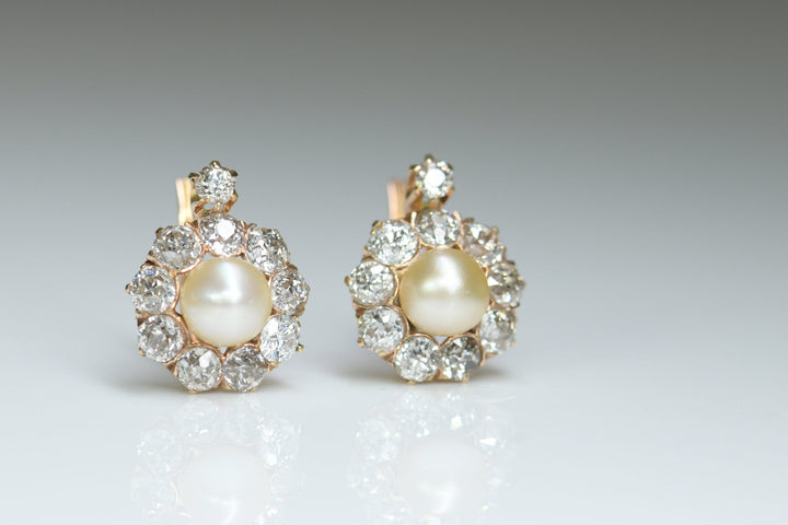 Victorian Antique Natural Pearl Diamond Cluster Gold Earring