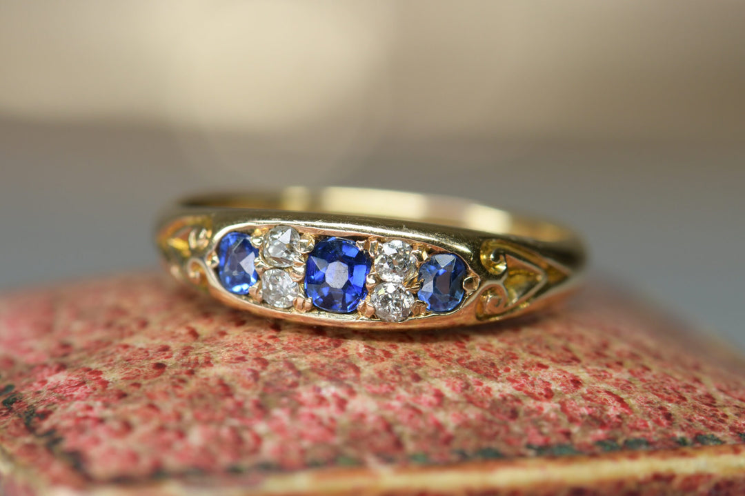 Victorian Antique Sapphire Diamond Three Stone Ring-SOLD