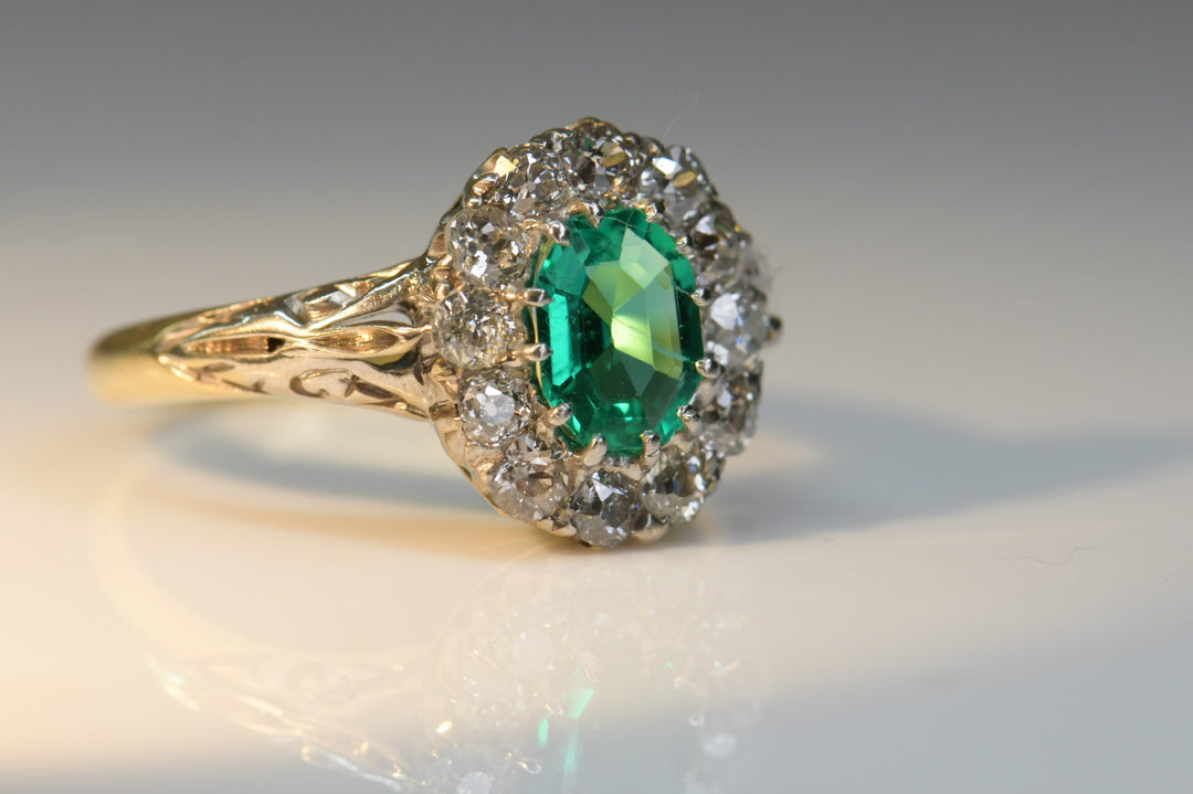 Victorian Colombian Emerald Diamond Cluster Antique Ring-SOLD