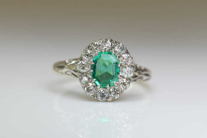 Victorian Colombian Emerald Diamond Cluster Antique Ring-SOLD